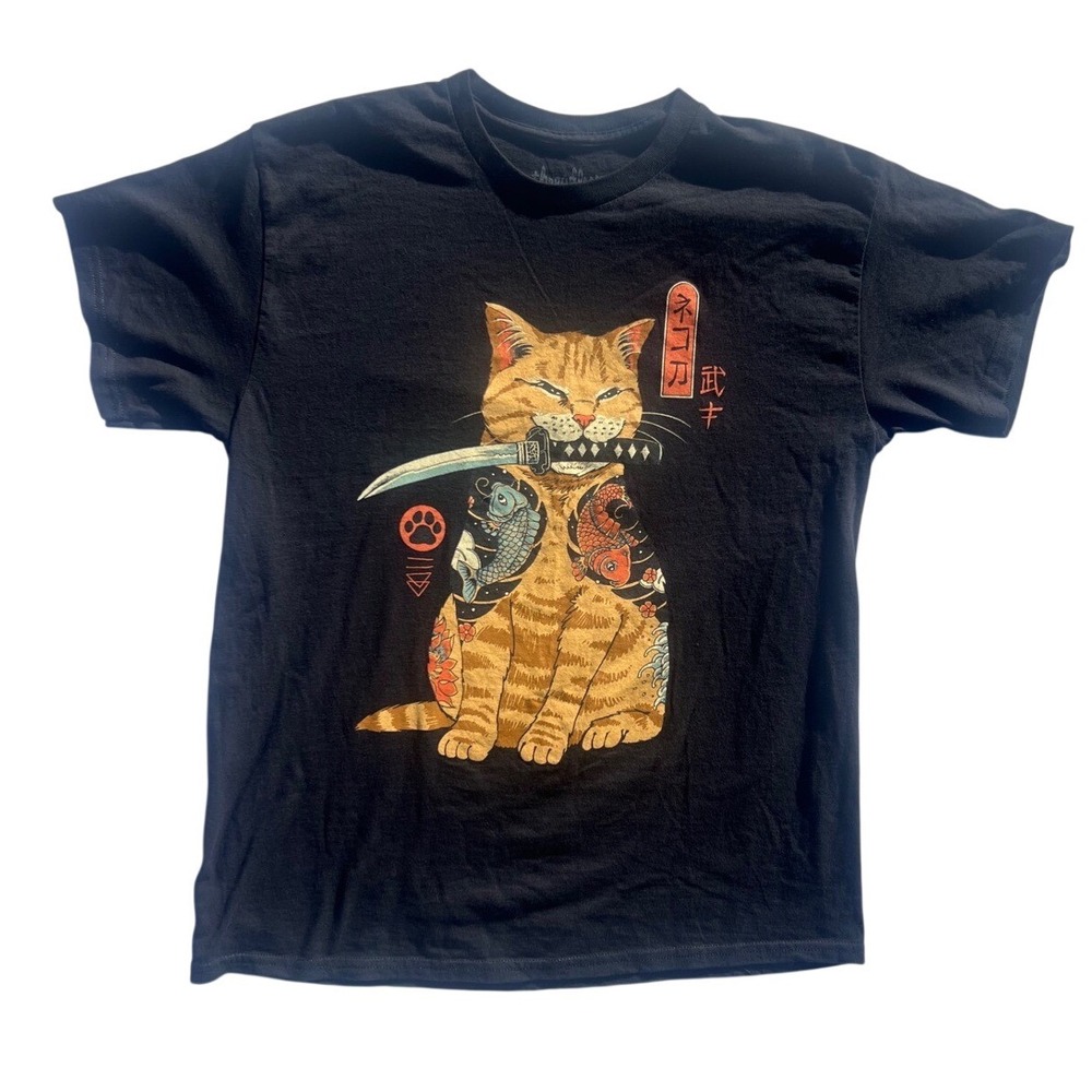 Threadless Vincent Trinidad Neko Katana Cat Tattoo Black Graphic T-Shirt Large